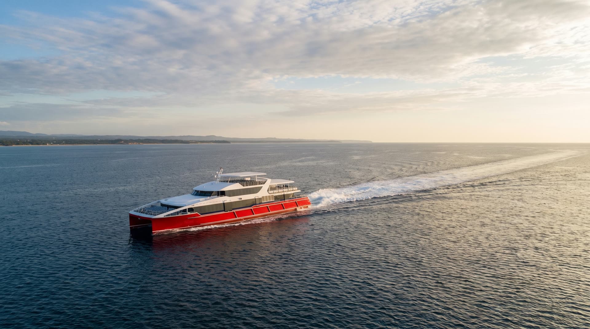 Illustration of an Azam Marine livery catamaran ferry under way on the Indian Ocean at late afternoon
